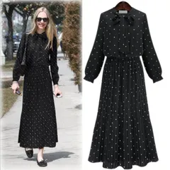 ワンピース  シフォンワンピース プリーツスカート ロングワンピース  ドット柄 リボン ラウンドネック 膝下 ロング丈 袖あり 長袖 襟なし 体型カバー スリムフィット  ストレート Aライン スマート ウエストマーク  ハイウエスト  かわいい 大人可愛い