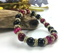 ピンクタイガーアイ&オニキス パワーストーン ブレスレット 天然石 10mm （ゴールド）メンズ・レディース 男性・女性 数珠ブレス 開運  [3]