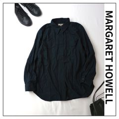 ◯MARGARET HOWELL マーガレットハウエル コットン カシミヤ プルオーバー シャツ 日本製 Ⅱ ブラックネイビー系 (77Y＋4328)25A☆