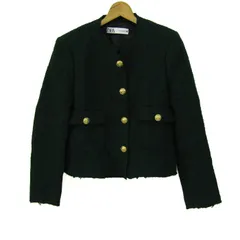 ザラ ノーカラージャケット アウター ツイード 金ボタン レディース Mサイズ ダークグリーン ZARA 【中古】