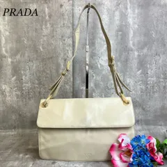 【良品】 PRADA プラダ トートバッグ ハンドバッグ フラップ 鼈甲 バックル ロゴ型押し ロゴプレート シルバー金具 総柄 ラムレザー ナイロン 肩掛け レディース ホワイト 白色