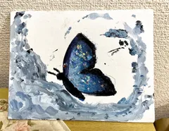 【幸せをよぶ蝶】　　手描き　アクリル画　青い蝶々