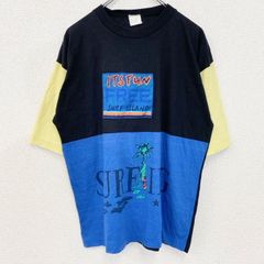 古着 used　半袖切り替えデザインTシャツ　SURFING　サーフィン　黒　青　黄色　レトロデザイン　春夏服　Lサイズ