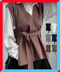 新品 ベルト付き ニットベスト レディース ジレ Vネック 無地 おしゃれ 秋冬 着やせ ニットトップス 春秋服 【送料無料】