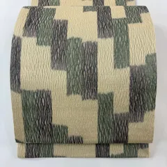 【美品】 袋帯 名品 幾何学模様 銀糸 ベージュ 全通 正絹 【中古】