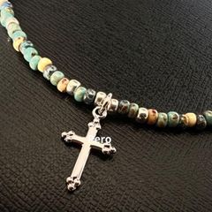 ビーズネックレス クロスチャーム ターコイズブルー ビーズネックレス メンズ