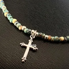ビーズネックレス クロスチャーム ターコイズブルー ビーズネックレス メンズ