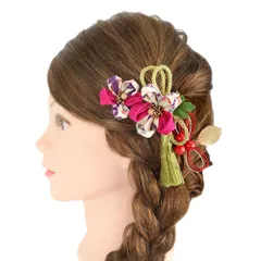 髪飾り 成人式 水引 つまみ細工 振袖 前撮り 袴 花 3点セット 赤紫 ピンク 白 ゴールド ちりめん 房 房付き 組紐 和柄 かんざ No.9-5114