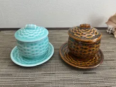 ★他の商品と合わせて購入でお買得になります!コメント下さい★2個セット★美濃焼　 かごめ蒸碗(深海青磁/アメ釉結晶)　茶碗蒸し　小皿付き　スイーツカップ　もてなし料理