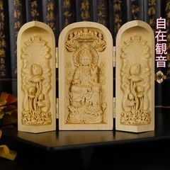 Wooden Buddhist statue, boxwood, triple Kannon statue, Dainichi Nyorai, miniature Buddhist altar, Buddhist altar decoration, good fortune, protection from evil, art, craft, lucky charm, increased wealth, ornament, Jizai Kannon