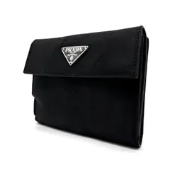 【良品】 PRADA プラダ 二つ折り財布 コンパクトウォレット 三角プレート ナイロン レザー 革 ブラック 黒色 ユニセックス 男女兼用 メンズ レディース