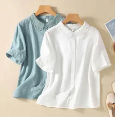 シャツ  ブラウス レディース 半袖 きれいめ 春 夏 刺繍 綿麻風ブラウス トップス 大きいサイズ  ゆったり チュニック 五分袖 abama04