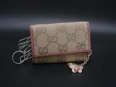 GUCCI グッチ GG柄 GGキャンバス×レザー チャーム付き バタフライ 蝶 6連 キーケース 鍵入れ ベージュ系×ピンク系 DJ4626