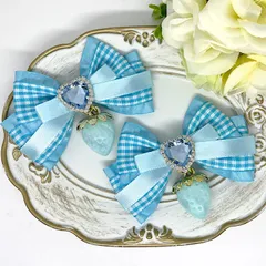 リボン♡ヘアクリップ♡量産型♡地雷系♡チェック水色・いちご水色