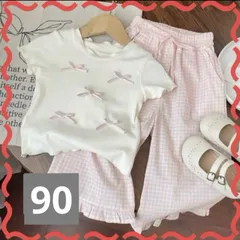 90 セットアップ　リボン　ピンク　女の子　Tシャツ　パンツ　フリル