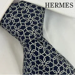 《美品》HERMES (エルメス) シルクネクタイ 総柄 裏生地馬模様 紺 白