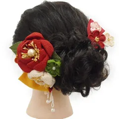 髪飾り 成人式 つまみ細工 赤 振袖 前撮り 袴 花 ２点セット 白 黄色 黄緑色 浴衣 かんざし 卒業式 フォーマル 結婚式 髪型 ヘ No.9-3773