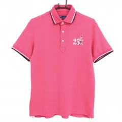【美品】23区ゴルフ 半袖ポロシャツ ピンク×ネイビー 襟袖口ライン 織生地 メンズ M ゴルフウェア 23区