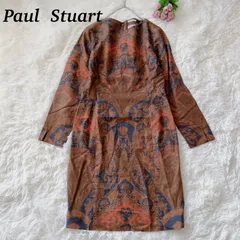 Paul Stuart ポールスチュアート ワンピース 総柄 麻混 ひざ丈 ペイズリー柄 上品 エレガント ブラウン ネイビー オレンジ