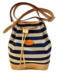 【定番ボーダー マリン⭐️極美品きれいです⭐️BALLY】 バリー　 巾着型 ショルダーバッグ    キャンバス×レザー      オールドバリー     ヴィンテージバッグ