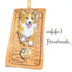 Happy smile！　手描き　コーギーさんと　革タグの　サージカルステンレスネックレス