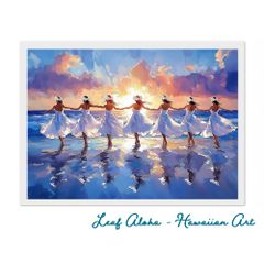 ハワイの海アート A4額付き｜夕陽と波に響くフラの詩 No.20 Leaf Aloha