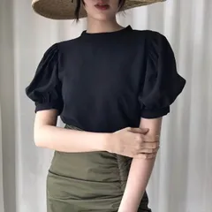 トップス ブラウス 袖あり 半袖 ボリューム袖 パフスリーブ Uネック ラウンドネック 襟なし かわいい 大人可愛い きれいめ シンプル カジュアル 大人 上品 おしゃれ 大人女子 こなれ感 ラフ ラブリー キュート ガーリー ルーズ モード系 エレガント モ