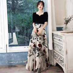 ドレス 黒 ベロア ベルベット 刺繍 花柄 オシャレ ドッキング チュール ロングドレス ワイン赤 パフスリーブ 発表会ドレス パーティードレス Aライン ショート丈 ミモレ丈 ロング丈 半袖 成人式ドレス 結婚式 二次会 お呼ばれ 送料無料 9vHe551