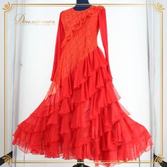 美品【INIZIO】社交ダンス 衣装 ドレス ストレッチ スパンコール 赤 