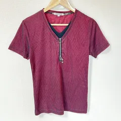 (^w^)b semantic design セマンティックデザイン Vネック 半袖 針抜き デザインファスナー タイトシルエット Tシャツ コットン 綿 ストライプ トップス モード カジュアル 紳士 デイリー タウンユース ボルドー系 メンズ サイズM