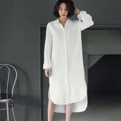 ロングシャツブラウスシャツロング薄手Vネックシャツファッ白シャツ長袖ワンピーストップスカジュアルレディースシャツワンピ