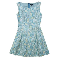 トッカ TOCCA 花刺繍 フラワー ラメ スリット ワンピース 膝丈 ノースリーブ リボン タック フレア サイズ2 ライトブルー系 ♪6