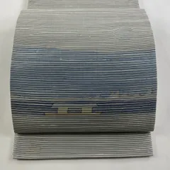 袋帯 名品 風景 縞 銀糸 灰色 お太鼓柄 正絹 【中古】