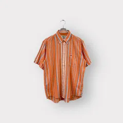 デザインGOOD リネン混 Crocodile クロコダイル 半袖シャツ ストライプ オレンジ系  ボタンダウン メンズ サイズ L  ネ 衣類B