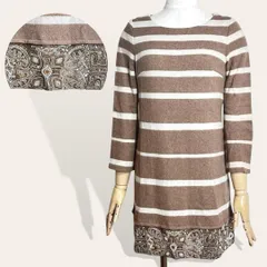 ❤️美品 ダイアグラム ボーダー ビーズ スパンコール 装飾ヘム 七分袖 ミニワンピース チュニック 34・XS  レディース 4219