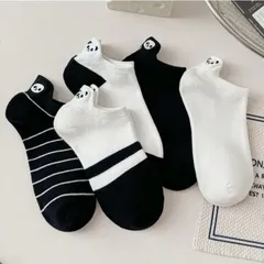 セール☆パンダ刺繍靴下 5足セット レディース ソックス スニーカーソックス くるぶしソックス 可愛い モノクロ 白黒 新品未使用