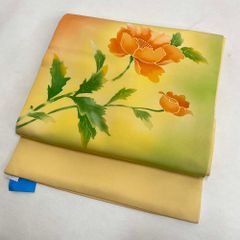 名古屋帯 なごや帯 九寸 塩瀬 帯 中古 リサイクル 黄色 染め ポイント柄 普段着 お洒落着 紬 小紋 正絹 ハンドメイド 3050