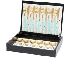 新品 クチポール ゴア ターコイズマットゴールド ディナー24点セット （ナイフ・フォーク・スプーン・コーヒー/ティースプーン） 収納木箱入り Cutipol 正規販売代理店 カトラリー ギフトボックス 結婚祝い プレゼント 贈り物 ギフトセット