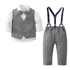 【新品】 [BINIDUCKLING] 男の子 フォーマル 男の子スーツ キッズフォーマル 袖シャツ+長ズボン+ 蝶ネクタイ+サスペンダー4点セットおしゃれ 結婚式 初節句 お誕生日 プレゼント 入園式 お宮参り 記念撮影 卒業式 紳士服 男児 0