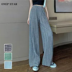 ボトムス パンツ 洗える ワイド ロング ゆったり チェック柄 ウエストゴム ブラック ブルー グリーン 春 夏レディースファッション 20代 30代 40代 50代 60代 ワンピスター jiebing01