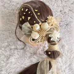 ヘッドドレス 髪飾り＊結婚式 成人式 卒業式 和装 打掛 振袖 袴~ボリューム多め リボン パール 和玉 ロープ 水引 金箔~くすみピンクベージュ 17本