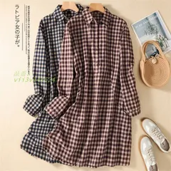 シャツワンピース ワンピース 春秋 レディース 長袖 秋 ゆったり 体型カバー ロング 30代 50代 春 着痩せ 40代 大きいサイズ チェック柄 ロング丈 綿麻風  vii3v141624