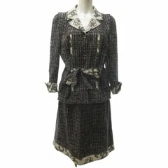 シャネル CHANEL 06P ベルテッド ミックスツイード セットアップ CCロゴ ココマーク カメリア 切替 グレー系 上下40 約L IBO61 ☆AA★のサムネイル