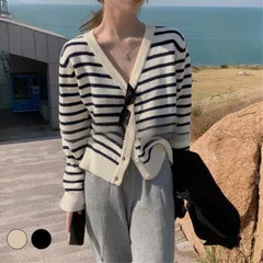 カーディガン ボーダー柄 レディース ニットカーディガン オフィス Vネック ビンテージ風 秋 ニットコーディガン レトロ ブラック ボレロ【0912】