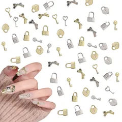 新品 ネイルパーツ 60個セット 鍵 ロック リボン ハート 3D立体 キー パーツ 蝶結び メタルパーツ シルバー ゴールド ジュエリーパーツ ハンドメイド ネイルアート デコパーツ DIY