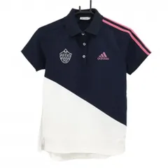 ★値下げ★【超美品】アディダス 半袖ポロシャツ ネイビー×白 メッシュ生地 肩3ライン 襟裏ボーダー レディース L/G ゴルフウェア adidas