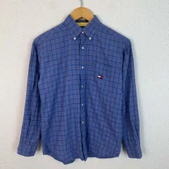 90s TOMMY HILFIGER トミーヒルフィガー 長袖 チェック 総柄 シャツ ブルー Mサイズ メンズ 古着 アメカジ