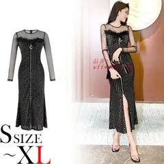 胸元ファー使い シースルー長袖ロングタイトドレスワンピース 黒 パーティー キャバ スナック 韓国 ドレス セクシー 服装 vii4w805291