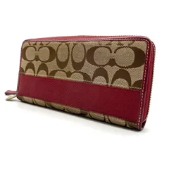 ✨良品✨ COACH コーチ 長財布 ラウンドファスナー シグネチャー キャンバス レザー 革 ベージュ 肌色 ブラウン 茶色 レッド 赤色 ユニセックス 男女兼用 メンズ レディース