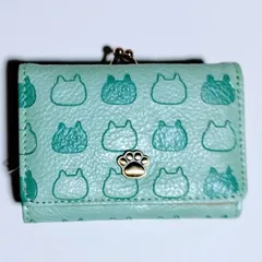 猫顔3つ折り がま口財布（グリーン）
